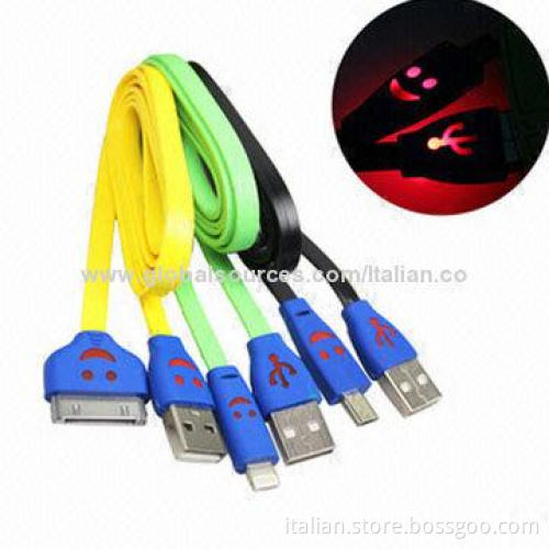 LED Light Smile Face Flat USB Data Cable for iPhone 4/iPhone 5/Samsung Micro